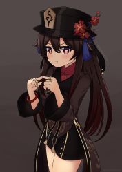 Rule 34 | 1girl, absurdres, black hat, black shorts, brown background, brown coat, brown hair, coat, commentary, cowboy shot, flower, flower-shaped pupils, genshin impact, gradient background, hair between eyes, hands up, hat, hat flower, hat ornament, highres, hu tao (genshin impact), index fingers together, jewelry, long hair, long sleeves, looking at viewer, plum blossoms, porkpie hat, pout, raviolimavioli, red eyes, red shirt, ring, shirt, shorts, solo, standing, symbol-shaped pupils, twitter username, wide sleeves