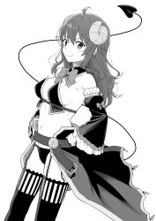 Rule 34 | 1girl, ahoge, bare shoulders, bow, bowtie, breasts, demon girl, demon horns, demon tail, detached collar, detached sleeves, fang, frills, garter straps, greyscale, hands on own hips, highres, horns, long hair, long sleeves, looking at viewer, machikado mazoku, medium breasts, midriff, mikazuchi zeus, monochrome, navel, panties, revealing clothes, sidelocks, smile, solo, stomach, tail, tail raised, thighhighs, thighs, underwear, v-shaped eyebrows, waist cape, wide sleeves, yoshida yuuko (machikado mazoku)