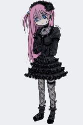 Rule 34 | 1girl, averting eyes, black choker, black dress, black footwear, black gloves, black headdress, black ribbon, blue eyes, bocchi the rock!, boots, bridal garter, choker, commentary, cube hair ornament, dress, english commentary, fishnet pantyhose, fishnets, frilled dress, frills, gloves, goth fashion, gothic lolita, gotoh hitori, hair between eyes, hair ornament, head tilt, headdress, highres, juliet sleeves, lolita fashion, long hair, long sleeves, one side up, pale skin, panda eggs, pantyhose, pink hair, puffy sleeves, ribbon, shaded face, side ponytail, simple background, solo, sweatdrop, white background