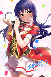 Rule 34 | 1girl, absurdres, blue hair, blush, bokura no live kimi to no life, confetti, cowboy shot, embarrassed, hands up, high collar, highres, holding, holding microphone, long hair, love live!, love live! school idol project, microphone, nakano maru, neck ribbon, open mouth, puffy short sleeves, puffy sleeves, red ribbon, ribbon, short sleeves, skirt, smile, solo, sonoda umi, white skirt, yellow eyes