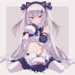 Rule 34 | 1girl, :t, anchor hair ornament, animal ear headphones, animal ears, animal hands, apron, azur lane, bad id, bad pixiv id, bare shoulders, between legs, black skirt, blue eyes, blush, cat ear headphones, cat ears, closed mouth, commentary, crop top, detached sleeves, fake animal ears, frills, full body, fur-trimmed gloves, fur collar, fur trim, gloves, groin, hair between eyes, hair ornament, hair ribbon, hammann (azur lane), hammann (hammanyan pawnch!) (azur lane), hand between legs, hand up, headphones, long hair, looking at viewer, midriff, navel, nimuni, paw gloves, puffy detached sleeves, puffy sleeves, ribbon, sidelocks, sitting, skirt, solo, star (symbol), star hair ornament, thighhighs, very long hair, waist apron, wariza, white hair, white thighhighs, zettai ryouiki