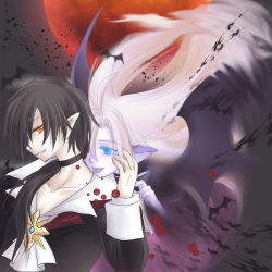 Rule 34 | 2boys, ahat (ragnarok online), bat (animal), black coat, black hair, blonde hair, blue eyes, choker, coat, commentary request, cross, demon boy, despair god morroc, full moon, hand on another&#039;s cheek, hand on another&#039;s face, long hair, long sleeves, looking at viewer, looking to the side, male focus, manoji, moon, multiple boys, orange eyes, pointy ears, ragnarok online, red moon, shirt, smile, tongue, tongue out, upper body, white shirt