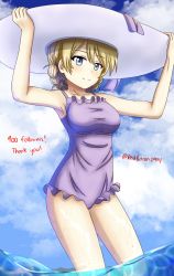 Rule 34 | 1girl, adjusting clothes, adjusting headwear, blonde hair, blue eyes, blue one-piece swimsuit, blue sky, braid, closed mouth, cloud, cloudy sky, cowboy shot, darjeeling (girls und panzer), day, english text, frilled swimsuit, frills, girls und panzer, hair between eyes, hat, highres, looking at viewer, milestone celebration, one-piece swimsuit, outdoors, purple one-piece swimsuit, redbaron, short hair, sky, smile, solo, standing, sun hat, swept bangs, swimsuit, thighs, twin braids, twitter username, wading, wet, white hat