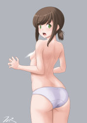 Rule 34 | 1girl, ass, black hair, breasts, commentary request, from behind, fubuki (kancolle), green eyes, highres, kantai collection, light censor, long hair, looking at viewer, looking back, low ponytail, open mouth, panties, ponytail, round teeth, short ponytail, sidelocks, simple background, small breasts, solo, t2r, teeth, topless, underwear, underwear only, upper teeth only, white background, white panties