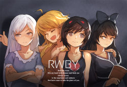 Rule 34 | 4girls, bare shoulders, black hair, black shirt, blake belladonna, blindfold, blonde hair, book, bow, brown hair, closed eyes, copyright name, crossed arms, english text, fang, hair bow, hand on shoulder, jong tu, long hair, looking away, lyrics, mask, multiple girls, open mouth, orange shirt, outstretched arms, pajamas, ruby rose, rwby, shirt, short hair, simple background, smile, text focus, weiss schnee, white hair, yang xiao long, yellow eyes