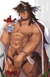 Rule 34 | 1boy, abs, absurdres, animal ears, bara, bare pectorals, beard, black male underwear, bow, bowtie, briefs, christmas, coat, dark-skinned male, dark skin, facial hair, feet out of frame, flaccid, fur-trimmed coat, fur trim, head tilt, headband, highres, holding, holding sack, large pectorals, long hair, male focus, male pubic hair, male underwear, male underwear pull, mature male, muscular, muscular male, navel, navel hair, nipples, open clothes, open coat, original, pectorals, penis, penis peek, pubic hair, sack, santa costume, seductive smile, smile, solo, stomach, tail, tekkowang, thick thighs, thighs, underwear, wolf boy, wolf ears, wolf tail