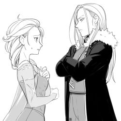 Rule 34 | 2girls, a-ka, ahoge, braid, crossed arms, crossover, dress, elsa (frozen), expressionless, formal, frozen (disney), fullmetal alchemist, fur trim, greyscale, long hair, long sleeves, looking at another, military, military uniform, monochrome, multiple girls, olivier mira armstrong, profile, simple background, single braid, suit, sweatdrop, uniform, white background