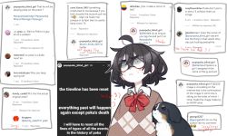 Rule 34 | 1girl, ahoge, annoyed, black hair, blind, blind girl (popopoka), bow, bowtie, collared shirt, commentary, crossed bangs, dog, english commentary, english text, frown, grey eyes, hair between eyes, highres, instagram, instagram username, looking up, messy hair, popopoka, red bow, shirt, short hair, solo, sweater