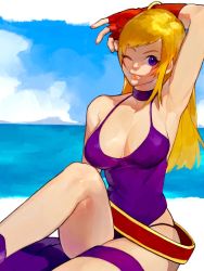 Rule 34 | 1girl, ;), arm over head, arm up, armpits, bare shoulders, blonde hair, breasts, collarbone, day, dress, fatal fury, fingerless gloves, garou: mark of the wolves, gloves, highres, jenet behrn, large breasts, long hair, looking at viewer, one eye closed, oni gini, outdoors, parted lips, purple dress, purple eyes, red gloves, sitting, sky, smile, snk, solo, the king of fighters