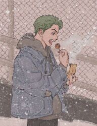 Rule 34 | 1boy, black pants, chain-link fence, coat, colored skin, eating, errrrrliao ge ai, fence, food, from side, grey hoodie, highres, hood, hood down, hoodie, looking at food, male focus, one piece, open mouth, pants, roronoa zoro, smoke, snow, snowing, solo, takoyaki, upper body, v-shaped eyebrows, white skin, winter, winter clothes, winter coat