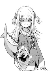 Rule 34 | 1girl, collarbone, fangs, fangs out, fins, fish tail, gawr gura, greyscale, highres, holding, hololive, hololive english, looking at viewer, medium hair, meme, monochrome, not nodu, shaded face, shark tail, simple background, solo, tail, two side up, virtual youtuber, white background