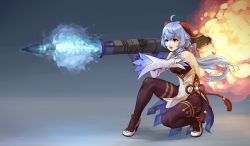 Rule 34 | 1girl, absurdres, aiming, bare shoulders, bell, black pantyhose, blue hair, detached sleeves, full body, ganyu (genshin impact), genshin impact, gloves, high heels, highres, holding, holding weapon, horns, long sleeves, pantyhose, rocket launcher, rpg (weapon), solo, suweeka, weapon