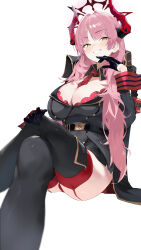 Rule 34 | 1girl, absurdres, black gloves, black thighhighs, blue archive, breasts, cleavage, clenched teeth, commentary, crossed legs, garter straps, gloves, grin, halo, hand on own knee, highres, horns, large breasts, long sleeves, looking at viewer, mole, mole on breast, necktie, pink hair, red horns, red necktie, red thighhighs, sadan1317, satsuki (blue archive), simple background, sitting, smile, solo, symbol-only commentary, teeth, thighhighs, thighs, white background, yellow eyes