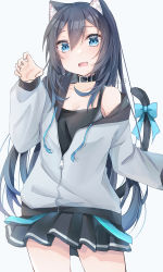 Rule 34 | 1girl, animal ear fluff, animal ears, black collar, black hair, black skirt, black tank top, blue bow, blue eyes, blush, bow, breasts, cat ears, cleavage, clip studio paint (medium), collar, collarbone, commentary request, drawstring, grey background, grey jacket, hair between eyes, highres, jacket, long hair, long sleeves, off shoulder, open clothes, open jacket, open mouth, original, pleated skirt, puffy long sleeves, puffy sleeves, ringouulu, simple background, skirt, sleeves past wrists, small breasts, solo, tail, tail bow, tail ornament, tank top, twitter username, very long hair, watermark