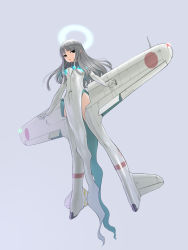 Rule 34 | 1girl, a6m zero, aircraft, airplane, bad id, bad pixiv id, black eyes, glowing, grey hair, halo, long hair, mecha musume, military, personification, sano toshihide, simple background, solo
