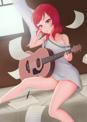 Rule 34 | 10s, 1girl, acoustic guitar, arm up, bare legs, bare shoulders, bed, bed sheet, blush, collarbone, curtains, eliskalti, grey shirt, guitar, hand in own hair, highres, holding, indoors, instrument, love live!, love live! school idol project, mouth hold, musical note, nishikino maki, no pants, off-shoulder shirt, on bed, open window, paper, pencil, plectrum, purple eyes, red hair, sheet music, shirt, short hair, short sleeves, sitting, solo, tareme, wind, window
