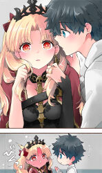 Rule 34 | 1boy, 1girl, azumi (myameco), black hair, blonde hair, cape, commentary request, earrings, ereshkigal (fate), fate/grand order, fate (series), fujimaru ritsuka (male), heart, heart-shaped pupils, jewelry, long hair, looking at another, looking at viewer, red cape, red eyes, symbol-shaped pupils, tiara