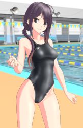Rule 34 | 1girl, absurdres, ariake (kancolle), black eyes, black hair, black one-piece swimsuit, breasts, competition swimsuit, contrapposto, cowboy shot, gradient hair, highleg, highleg swimsuit, highres, kantai collection, logo, long hair, medium breasts, megaphone, multicolored hair, one-piece swimsuit, orange hair, outdoors, paid reward available, pool, purple hair, paid reward available, smile, solo, speedo (company), string of flags, swimsuit, takafumi