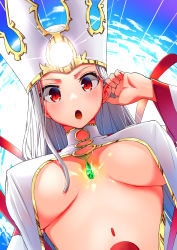 Rule 34 | 1girl, :o, blue sky, blush, breasts, breasts apart, commentary request, dousunnen, dress of heaven, dutch angle, fate/grand order, fate (series), from below, highres, irisviel von einzbern, large breasts, long hair, looking at viewer, looking down, no bra, red eyes, silver hair, sky, solo, underboob, upper body, white headwear