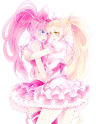 Rule 34 | 2girls, absurdres, bare shoulders, blonde hair, blue eyes, blush, bow, choker, couple, cure melody, cure rhythm, highres, houjou hibiki, hug, long hair, md5 mismatch, midriff, minamino kanade, multiple girls, navel, open mouth, pink bow, pink hair, ponytail, precure, revision, simple background, sleeveless, suite precure, twintails, white background, white choker, yellow eyes, yuri, yuucho (cololal)
