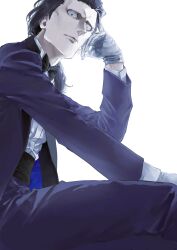 Rule 34 | 1boy, absurdres, alternate costume, black bow, black bowtie, black hair, bow, bowtie, expressionless, fate/grand order, fate (series), feet out of frame, formal, from below, gilles de rais (saber) (fate), gloves, highres, looking at viewer, male focus, pedal15aj, short hair, sitting, solo, suit, white gloves
