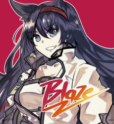 Rule 34 | 1girl, animal ears, arknights, black hair, blaze (arknights), blue eyes, breasts, cat ears, character name, cheschorv, commentary request, hair between eyes, hairband, highres, jacket, long hair, looking at viewer, red background, red hairband, simple background, smile, solo, teeth, upper body, white jacket