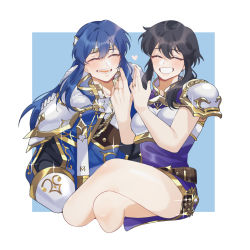 Rule 34 | 1boy, armor, black hair, blue hair, breastplate, cape, carrying, closed eyes, earrings, fire emblem, fire emblem: genealogy of the holy war, highres, inkanii, jewelry, larcei (fire emblem), long hair, nintendo, pauldrons, ponytail, princess carry, ring, seliph (fire emblem), shoulder armor, simple background, smile, wedding ring, white armor