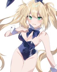 Rule 34 | 1girl, alternate costume, animal ears, antenna hair, artoria caster (fate), artoria pendragon (fate), bare shoulders, blonde hair, blue bow, blue bowtie, blue leotard, blush, bow, bowtie, breasts, cleavage, commentary request, detached collar, fake animal ears, fake tail, fate/grand order, fate (series), green eyes, highleg, highleg leotard, highres, leotard, long hair, looking at viewer, medium breasts, ooo00 cha, playboy bunny, rabbit ears, rabbit tail, simple background, solo, strapless, strapless leotard, tail, twintails, very long hair, white background, wrist cuffs