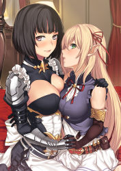Rule 34 | 2girls, arisa (shadowverse), armor, armored dress, asymmetrical docking, bare shoulders, belt, belt pouch, black eyes, black gloves, black hair, blonde hair, blunt bangs, blush, breast press, breasts, brooch, brown gloves, cleavage, deras, elbow gloves, elf, erika (shadowverse), from side, gauntlets, glitter, gloves, gold trim, green eyes, hair ribbon, hand on another&#039;s shoulder, holding hands, interlocked fingers, jewelry, large breasts, long hair, looking at viewer, looking to the side, medium breasts, multiple girls, neck ribbon, parted lips, pauldrons, pointy ears, pouch, red ribbon, ribbon, shadowverse, short hair, shoulder armor, yuri