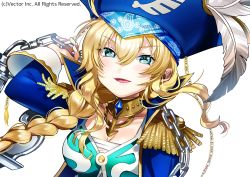 Rule 34 | 1girl, :d, ahoge, anchor, aqua eyes, arm up, bandages, bandana, bicorne, blonde hair, blue bandana, blue bandanna, blue coat, blush, braid, breasts, buttons, chain, cleavage, close-up, coat, collarbone, commentary request, copyright notice, dot nose, english text, epaulettes, eyelashes, eyes visible through hair, gem, hair between eyes, hair over shoulder, hat, hat feather, high collar, holding, jolly roger, large breasts, lips, long hair, long sleeves, looking at viewer, noatopia, official art, open clothes, open coat, open mouth, original, over shoulder, paisley, parted bangs, pirate, pirate costume, pirate hat, print bandanna, sarashi, sidelocks, simple background, sleeve cuffs, smile, solo, upper body, very long hair, watermark, white background, yanyo (ogino atsuki)