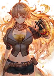 Rule 34 | 1girl, ahoge, belt, black shorts, blazer, breasts, brown belt, buckle, cleavage, commentary, cowboy shot, facing viewer, fingerless gloves, gloves, hair over eyes, hair over one eye, hand up, highres, izumi sai, jacket, large breasts, long hair, midriff, navel, one eye covered, puffy short sleeves, puffy sleeves, red eyes, rwby, scarf, shell casing, short shorts, short sleeves, shorts, smoke, smoke trail, solo, thighs, vambraces, waist cape, wavy hair, yang xiao long