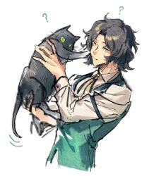Rule 34 | 1boy, animal, black hair, cat, closed mouth, fire emblem, fire emblem engage, green eyes, hahahashagi, highres, holding, long sleeves, looking at viewer, louis (fire emblem), male focus, nintendo, shirt, short hair, simple background, solo, vest, white background, white shirt