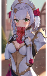 Rule 34 | 1girl, armor, black gloves, blunt bangs, box, braid, breastplate, breasts, cleavage, genshin impact, gift, gift box, gloves, green eyes, highres, long hair, medium breasts, noelle (genshin impact), shirt, short hair, solo, upper body, valentine, vambraces, white shirt, yatsucchie