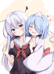 Rule 34 | 2girls, :d, bare shoulders, black dress, blue eyes, blue hair, blush, bow, closed eyes, closed mouth, collarbone, dress, ghost, ghost tail, hair ornament, hair over one eye, hands up, heart, highres, hoshinomiya kunon, hug, hyurasan, long hair, long sleeves, looking at viewer, multiple girls, neckerchief, open mouth, original, red bow, red neckerchief, revision, sailor collar, short hair, silver hair, sleeves past fingers, sleeves past wrists, smile, squiggle, star (symbol), star hair ornament, triangular headpiece, upper body, white sailor collar, wide sleeves