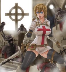 Rule 34 | 1girl, battle, black blood, black thighhighs, blonde hair, blood, blue eyes, braid, breasts, celtic cross, colored blood, cross, dagger, dual wielding, esther (exaxuxer), exaxuxer, glasses, highres, holding, knife, knights templar, large breasts, long hair, monster, open mouth, original, single braid, solo, sword, teeth, thighhighs, weapon