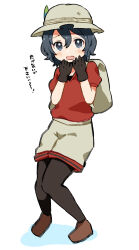 Rule 34 | 1girl, backpack, bag, black gloves, black hair, black pantyhose, brown footwear, full body, gloves, grey bag, grey hat, grey shorts, hair between eyes, hat, kaban (kemono friends), kemono friends, looking at viewer, open mouth, pantyhose, puffy short sleeves, puffy sleeves, red shirt, scared, shirt, short hair, short sleeves, shorts, simple background, solo, suicchonsuisui, translation request