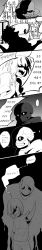 Rule 34 | 2boys, absurdres, androgynous, comic, cowboy shot, crazy eyes, crazy smile, dark persona, flaming eye, frisk (undertale), ghost, glowing, glowing eye, greyscale, highres, holding, holding knife, hood, hoodie, knife, korean text, laughing, long image, looking at viewer, monochrome, multiple boys, no eyes, open mouth, pointing, redlhzz, sans (undertale), shaded face, shirt, skeleton, skull, smile, spoilers, standing, static, striped clothes, striped shirt, tall image, teeth, text focus, translation request, undertale, w.d. gaster