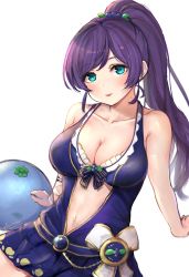 Rule 34 | 1girl, absurdres, alternate hairstyle, aqua eyes, arm garter, arm ribbon, artist name, artist request, bare shoulders, blue bow, blue one-piece swimsuit, blueberry, blush, bow, breasts, cleavage, collarbone, female focus, flower print, food, frills, fruit, gem, green eyes, hair bobbles, hair ornament, happy birthday, high ponytail, highres, leaf hair ornament, legwear garter, long hair, looking at viewer, love live!, love live! school idol festival, love live! school idol project, medium breasts, one-piece swimsuit, parted lips, ponytail, purple hair, ribbon, shuzuta, single legwear garter, smile, solo, striped bow, striped ribbon, swept bangs, swimsuit, tojo nozomi, white background, white bow, white ribbon