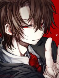 Rule 34 | 1boy, black jacket, bright pupils, brown hair, closed mouth, collared shirt, commentary request, employee (project moon), heart, jacket, lobotomy corporation, male focus, necktie, project moon, red background, red eyes, shirt, short hair, shot (urem), simple background, slit pupils, smile, solo, white necktie, white pupils, white shirt