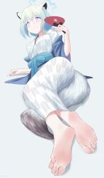 Rule 34 | 1girl, absurdres, animal ear fluff, animal ears, arm support, barefoot, blue archive, breasts, closed mouth, commentary request, feet, foot focus, grey background, grey kimono, halo, hand fan, highres, holding, holding fan, j.c.14, japanese clothes, kimono, looking at viewer, low twintails, lying, medium breasts, obi, on side, paper fan, purple eyes, sash, shigure (blue archive), shigure (hot spring) (blue archive), short hair, simple background, smile, soles, solo, tail, toes, twintails, weasel ears, weasel girl, weasel tail, yagasuri
