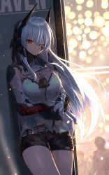 Rule 34 | 1girl, belt, black shorts, dog tags, greenkohgen, highres, long hair, looking at viewer, lucia: crimson abyss (punishing: gray raven), mechanical arms, one eye closed, punishing: gray raven, red eyes, short shorts, shorts, single mechanical arm, solo, white hair