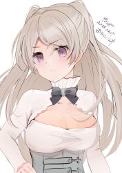 Rule 34 | 1girl, 9610 (kuroto), absurdres, artist name, black bow, blush, bow, breasts, cleavage, closed mouth, conte di cavour (kancolle), dated, dress, grey hair, hand on own hip, highres, kantai collection, large breasts, long hair, long sleeves, looking at viewer, one-hour drawing challenge, purple eyes, signature, simple background, solo, twitter username, two side up, upper body, white background, white dress