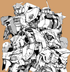 Rule 34 | char&#039;s counterattack, greyscale with colored background, gundam, highres, looking to the side, mecha, mobile suit, mobile suit gundam, no humans, nu gundam, one-eyed, orange background, robot, rx-78-2, sazabi, science fiction, shoulder spikes, spikes, takuma tomomasa, upper body, v-fin, zaku ii s char custom