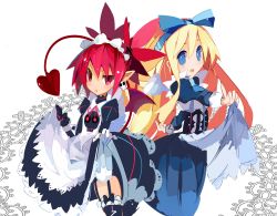 Rule 34 | 2girls, alternate costume, angel, angel wings, apron, apron lift, blonde hair, blue eyes, blue ribbon, clothes lift, commentary, demon girl, demon tail, disgaea, earrings, etna (disgaea), flonne, garter straps, hair between eyes, highres, jewelry, juliet sleeves, lifted by self, long hair, long sleeves, maid, maid apron, maid headdress, mini wings, miyakawa106, multiple girls, open mouth, pointy ears, puffy sleeves, raised eyebrow, red eyes, ribbon, sidelocks, skirt, skirt lift, skull earrings, tail, twintails, white background, wings