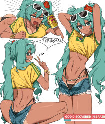 Rule 34 | 1girl, :3, abstractpurple, absurdres, aqua eyes, aqua hair, arms up, artist collaboration, back, bead necklace, beads, bikini, bikini under clothes, black bikini, blush, bracelet, brazilian flag print, brazilian miku, breast press, breasts, can, channel (caststation), collarbone, cropped shirt, denim, denim shorts, drink, earrings, english text, eyewear on head, fang, flower, from behind, green nails, green trim, hair between eyes, hair flower, hair ornament, hatsune miku, heart, highres, holding, holding can, jewelry, large breasts, long hair, looking at viewer, looking back, lying, multicolored nails, multiple views, nail polish, navel, navel piercing, necklace, on stomach, open clothes, open fly, open mouth, open shorts, piercing, portuguese text, profile, rectangular earrings, red flower, saliva, shirt, short shorts, short sleeves, shorts, side-tie bikini bottom, simple background, skin fang, skol, smile, speech bubble, squatting, standing, sunglasses, swimsuit, tan, tanline, tanline peek, torn clothes, torn shorts, translation request, twintails, v, vocaloid, white background, yellow nails, yellow shirt