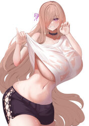 Rule 34 | 1girl, absurdres, amemiya arikapu, arms up, breasts, brown hair, check commentary, choker, clothes lift, commentary, commentary request, curvy, eyelashes, floating hair, hair over one eye, hair over shoulder, hair ribbon, highres, huge breasts, long bangs, long hair, mole, mole under eye, navel, original, pink eyes, pinky out, ribbon, school uniform, shirt lift, shorts, simple background, stomach, sweat, sweaty clothes, underboob, very long hair, white background, wide hips