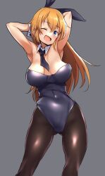 Rule 34 | 1girl, animal ears, armpits, arms behind back, black leotard, black pantyhose, blue eyes, blush, breasts, buta-don, charlotte e. yeager, cleavage, fake animal ears, grey background, highres, large breasts, leotard, long hair, looking at viewer, one eye closed, open mouth, orange hair, pantyhose, playboy bunny, rabbit ears, shiny skin, simple background, smile, solo, strike witches, world witches series