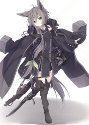 Rule 34 | 1girl, absurdly long hair, animal ears, belt, black skirt, boots, bow, coat, commentary request, detached sleeves, fox ears, fox tail, frilled skirt, frills, full body, green bow, green eyes, grey hair, gun sling, hair between eyes, hair ornament, hair ribbon, jacket, jacket on shoulders, long hair, looking at viewer, nagishiro mito, original, ribbon, shirt, skirt, sleeves past wrists, smile, solo, sword, tail, thigh boots, thighhighs, very long hair, weapon, white background, zettai ryouiki