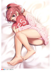 Rule 34 | 1girl, ass, bare legs, bare shoulders, barefoot, bed sheet, blush, casino (casinoep), feet, fingernails, highres, idolmaster, idolmaster cinderella girls, legs, long hair, long sleeves, looking at viewer, lying, nail polish, non-web source, nose blush, hugging object, off shoulder, on side, panties, pillow, pillow hug, pink nails, pink panties, pink sweater, ponytail, purple eyes, red hair, shiina noriko, sleeves past wrists, soles, solo, sweater, toenails, underwear, yes, yes-no pillow