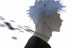 Rule 34 | 1boy, black shirt, blue eyes, facing to the side, gojou satoru, highres, jujutsu kaisen, looking to the side, male focus, open mouth, portrait, qxq illus, scar, scar on neck, shirt, short hair, simple background, solo, splatter, spoilers, white background, white hair